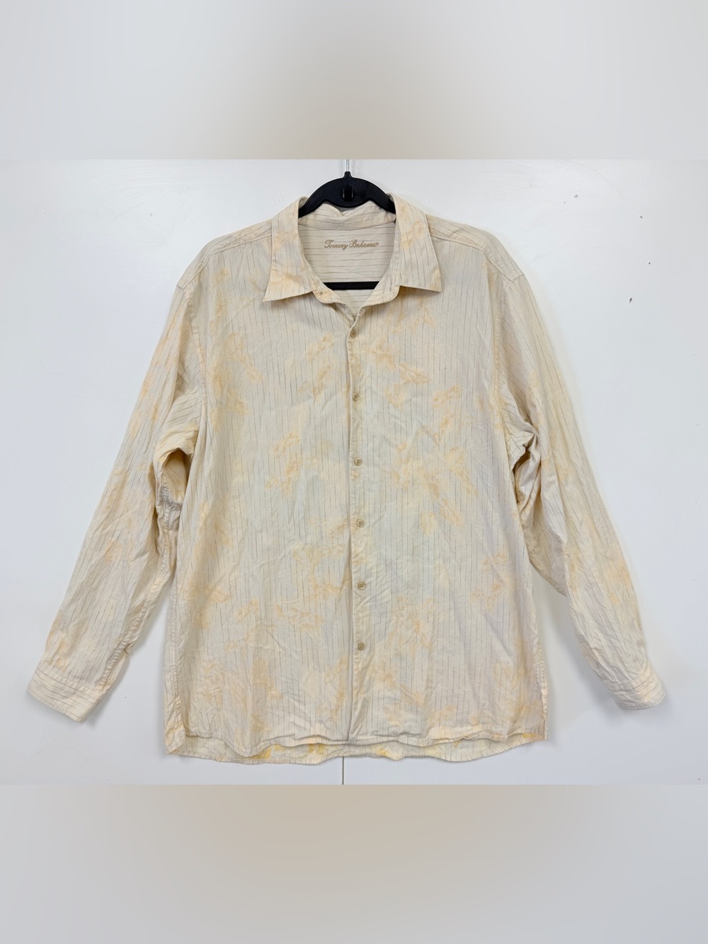 Tommy Bahama Beige Subtle Tropical Print Button Up Shirt Linen Tencel Cotton XL